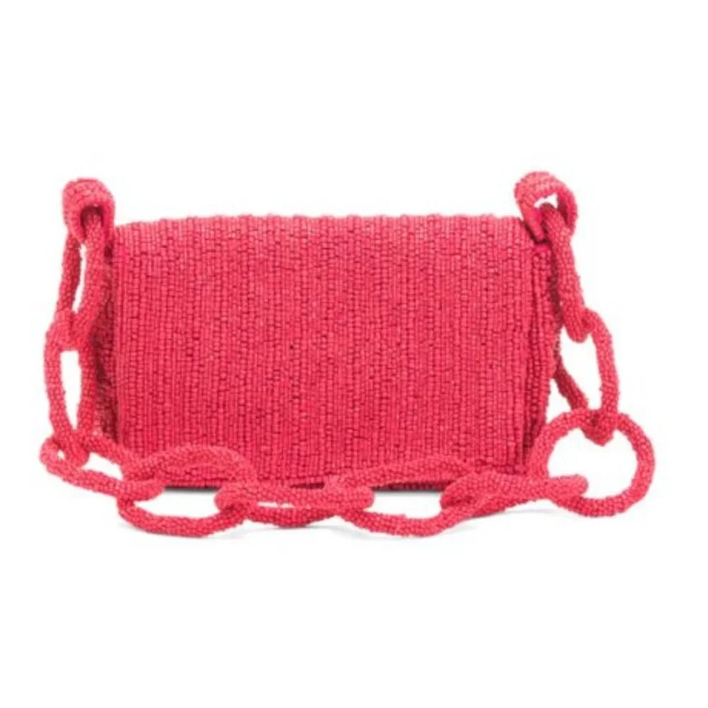 MADE IN INDIA Raspberry Sparkle Beaded Chain Strap Shoulder Bag